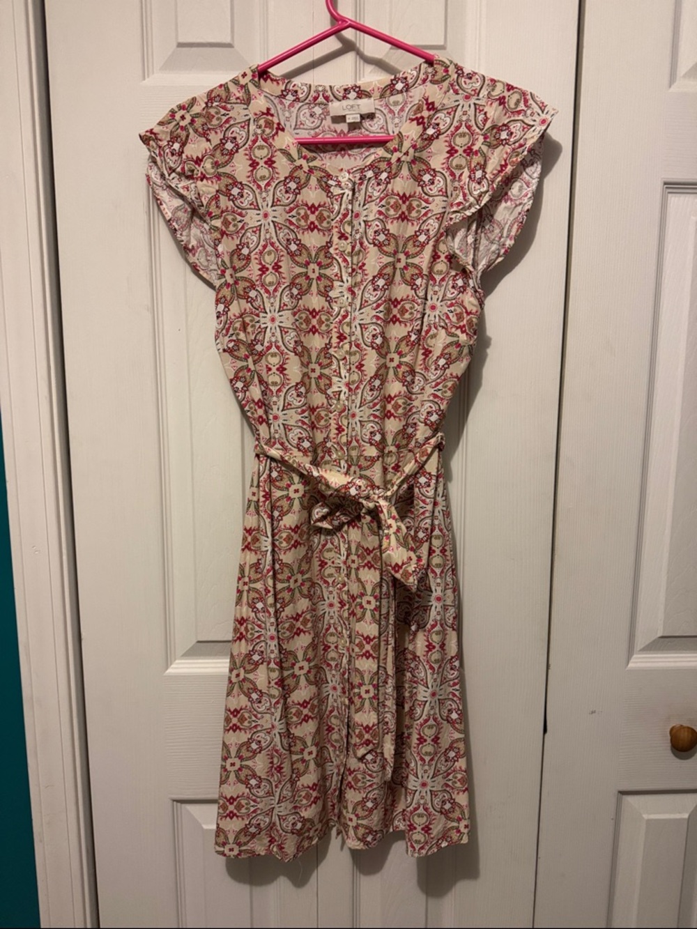 LOFT Beige Midi Dress with Pink and Olive Print and Tie Waist